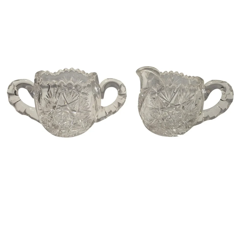 Vintage American Brilliant EAPG Clear Cut Glass Starburst Creamer and Sugar Set‎